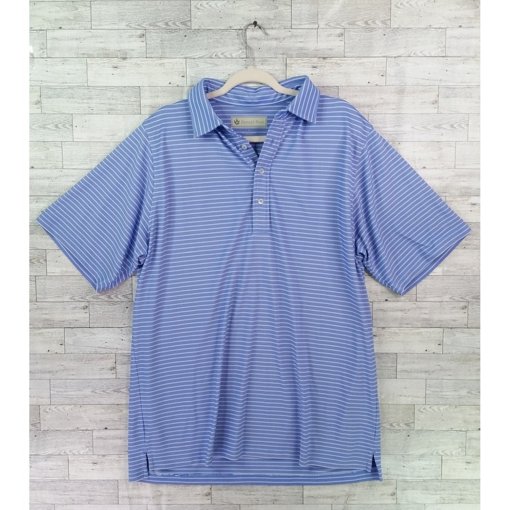 Men's Donald Ross Golf Polo Shirt Blue White Striped Short Sleeve Size L Large